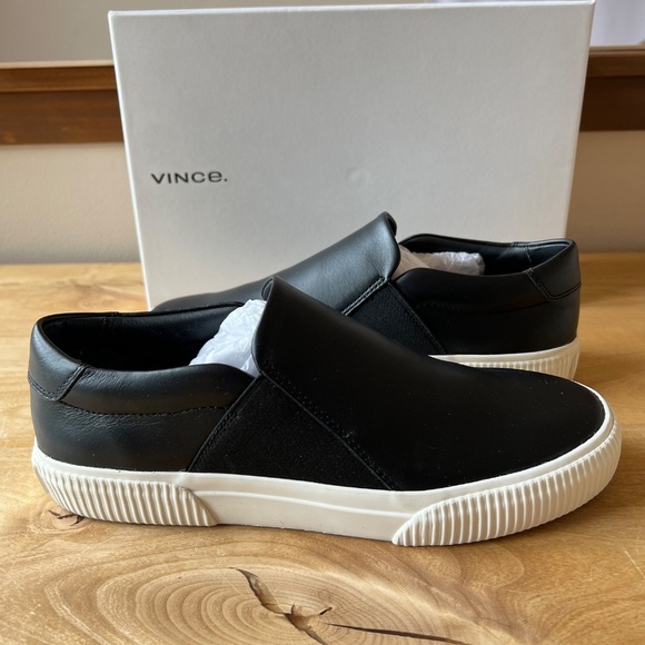 VINCE KNOX BLACK LEATHER SLIP ON SNEAKERS PLATFORM NIB 7.5 MINIMALIST MODERN - Picture 3 of 11